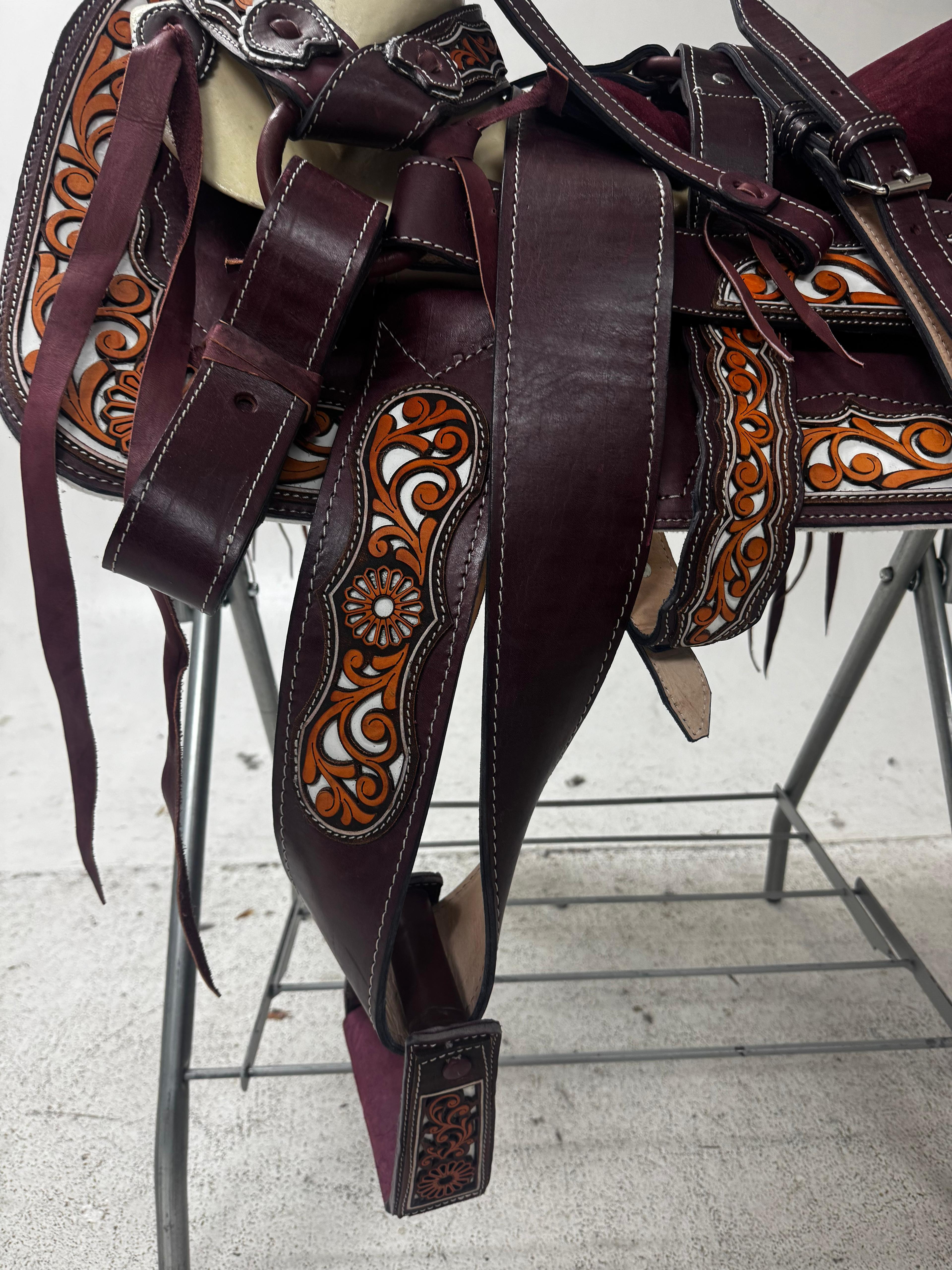 Charro Saddle – Vino Leather with Floral Orange & White Details (15.5”) “El Granate”