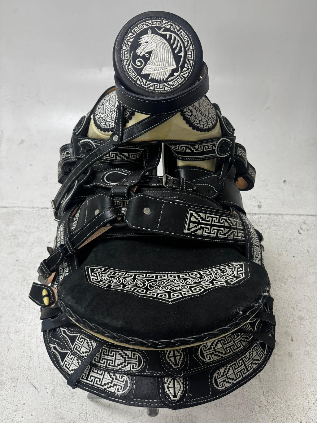 Charro Saddle – Black Leather with White Embroidery (15.5”) “El Guerrero”