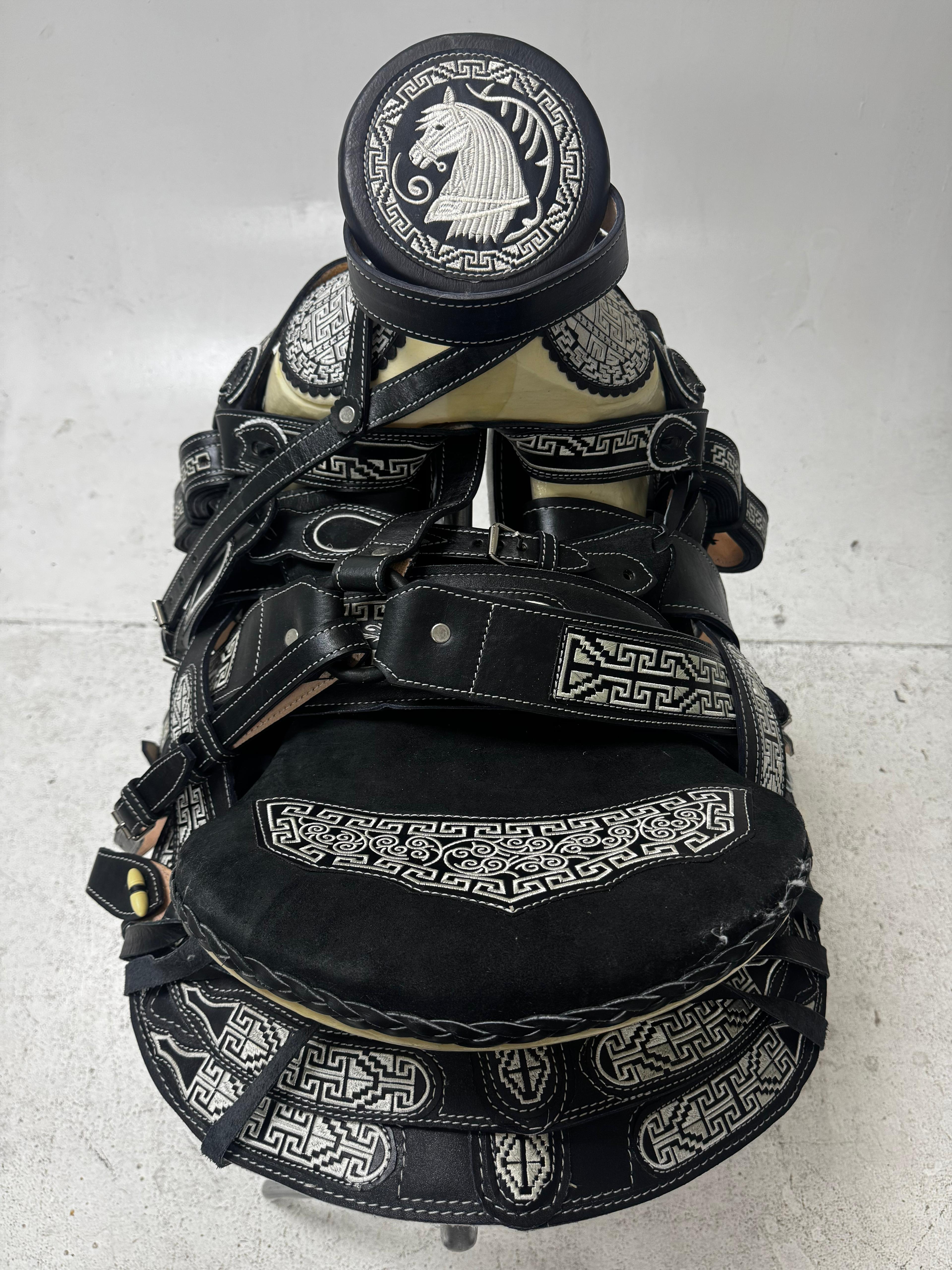 Charro Saddle – Black Leather with White Embroidery (15.5”) “El Guerrero”