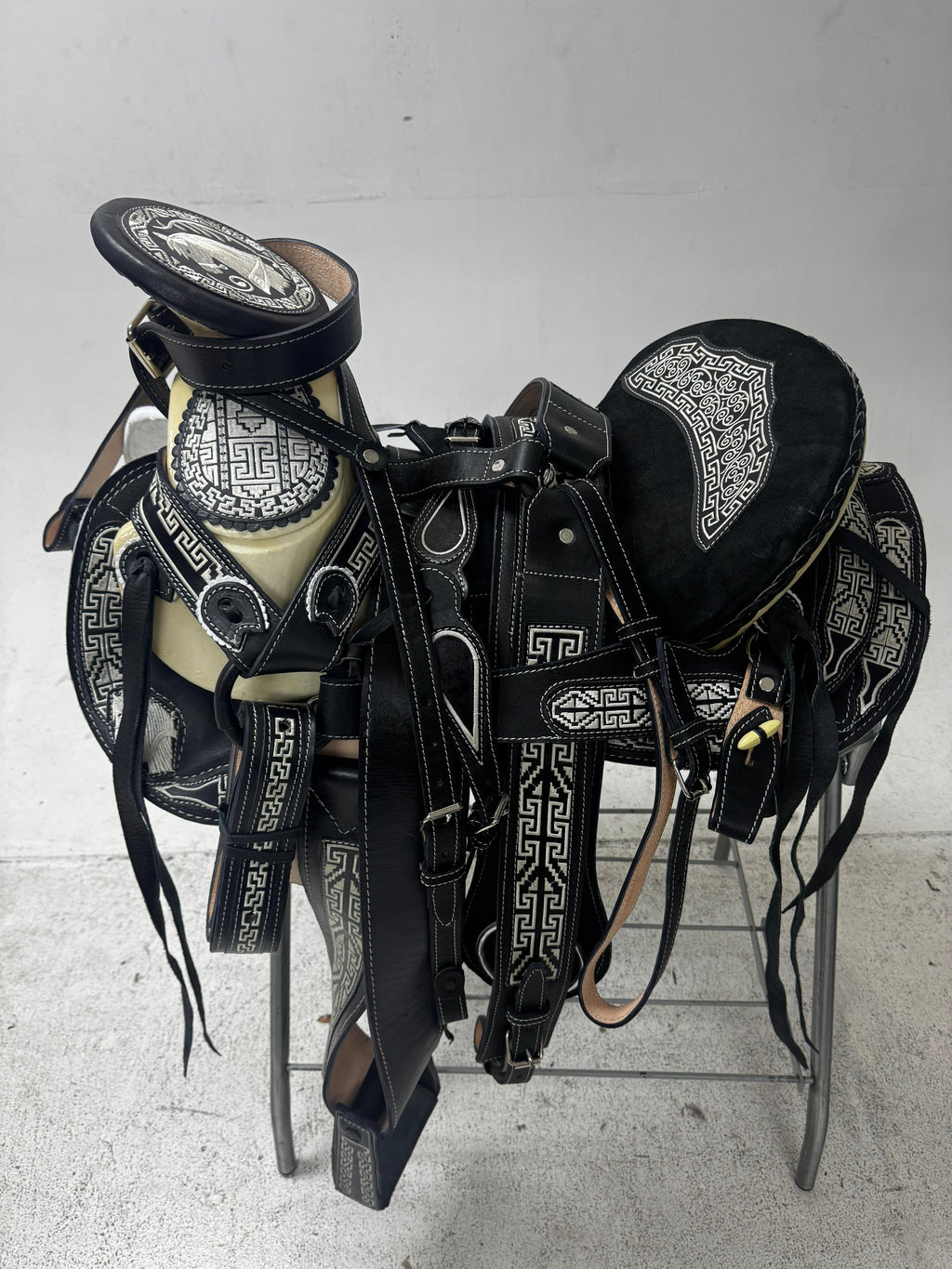 Charro Saddle – Black Leather with White Embroidery (15.5”) “El Guerrero”