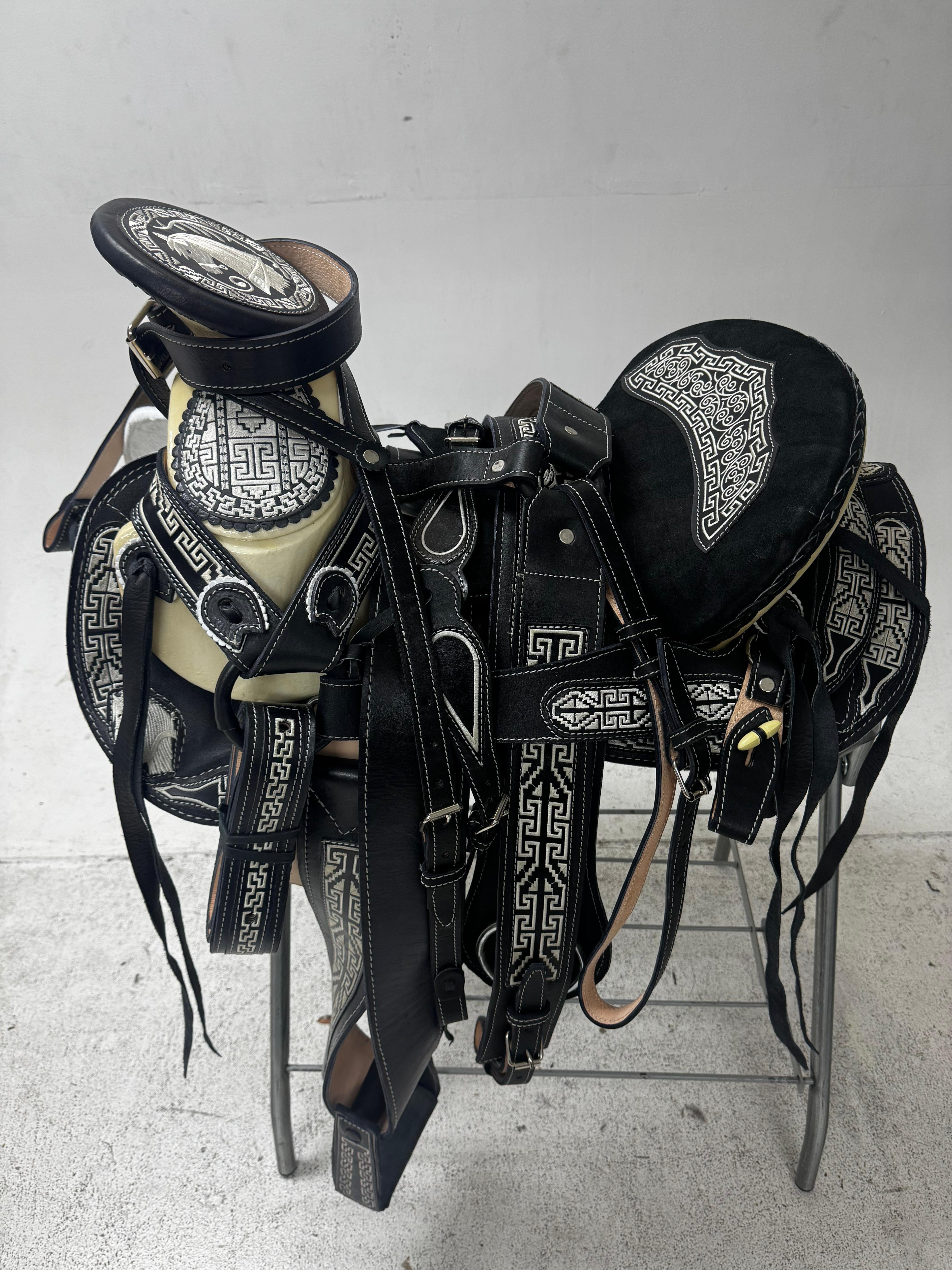 Charro Saddle – Black Leather with White Embroidery (15.5”) “El Guerrero”