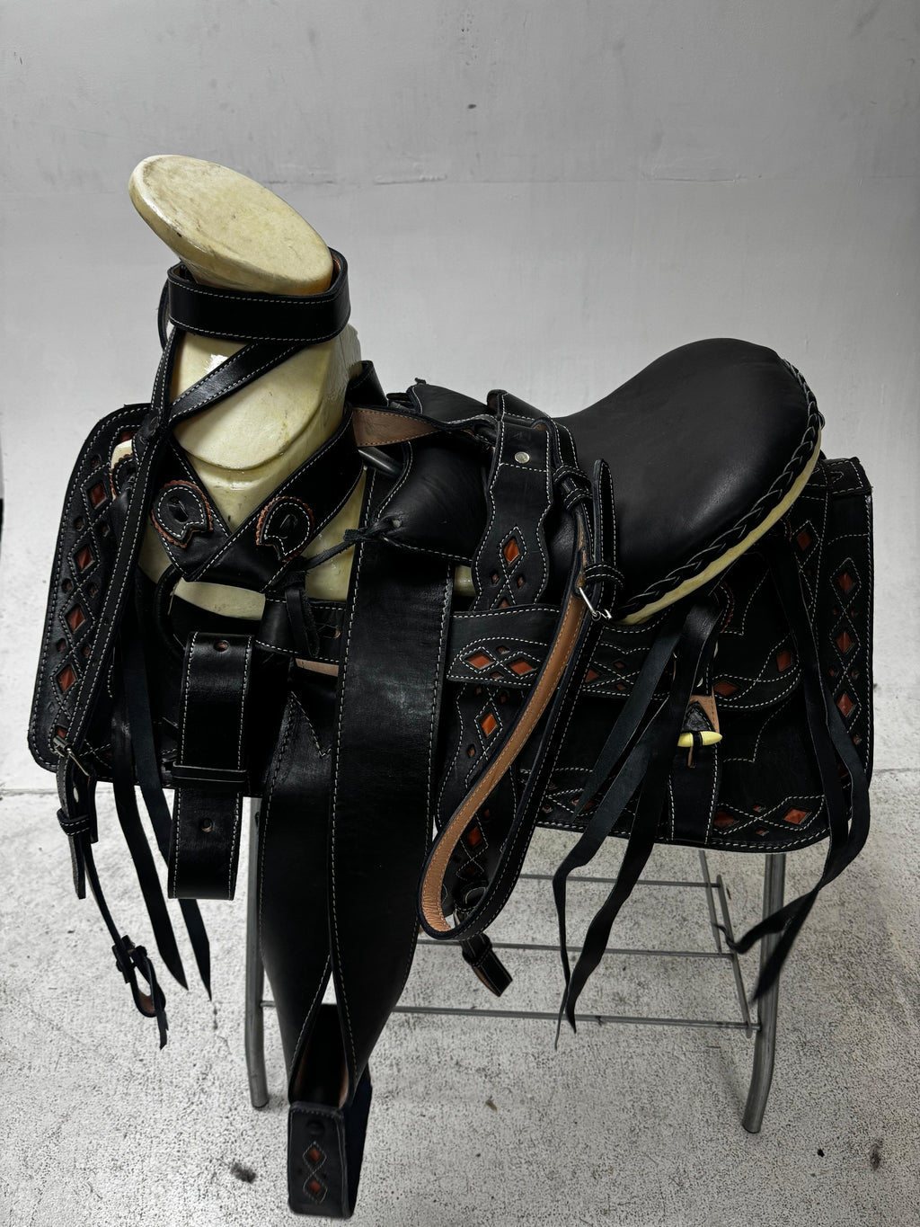 Charro Saddle – Black Leather with Burnt Orange Diamond Accents (15.5”) “El Guerrero”