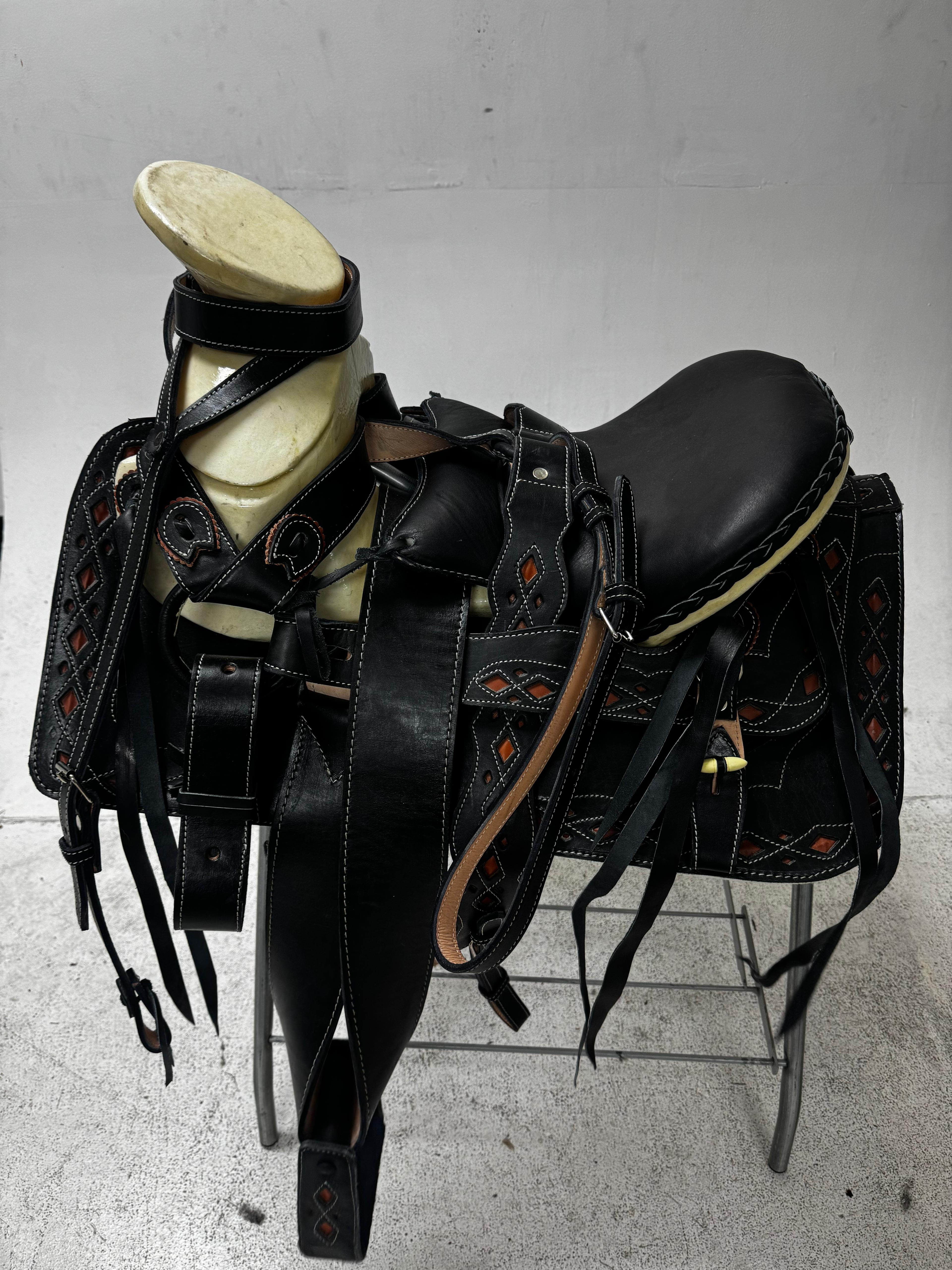 Charro Saddle – Black Leather with Burnt Orange Diamond Accents (15.5”) “El Guerrero”