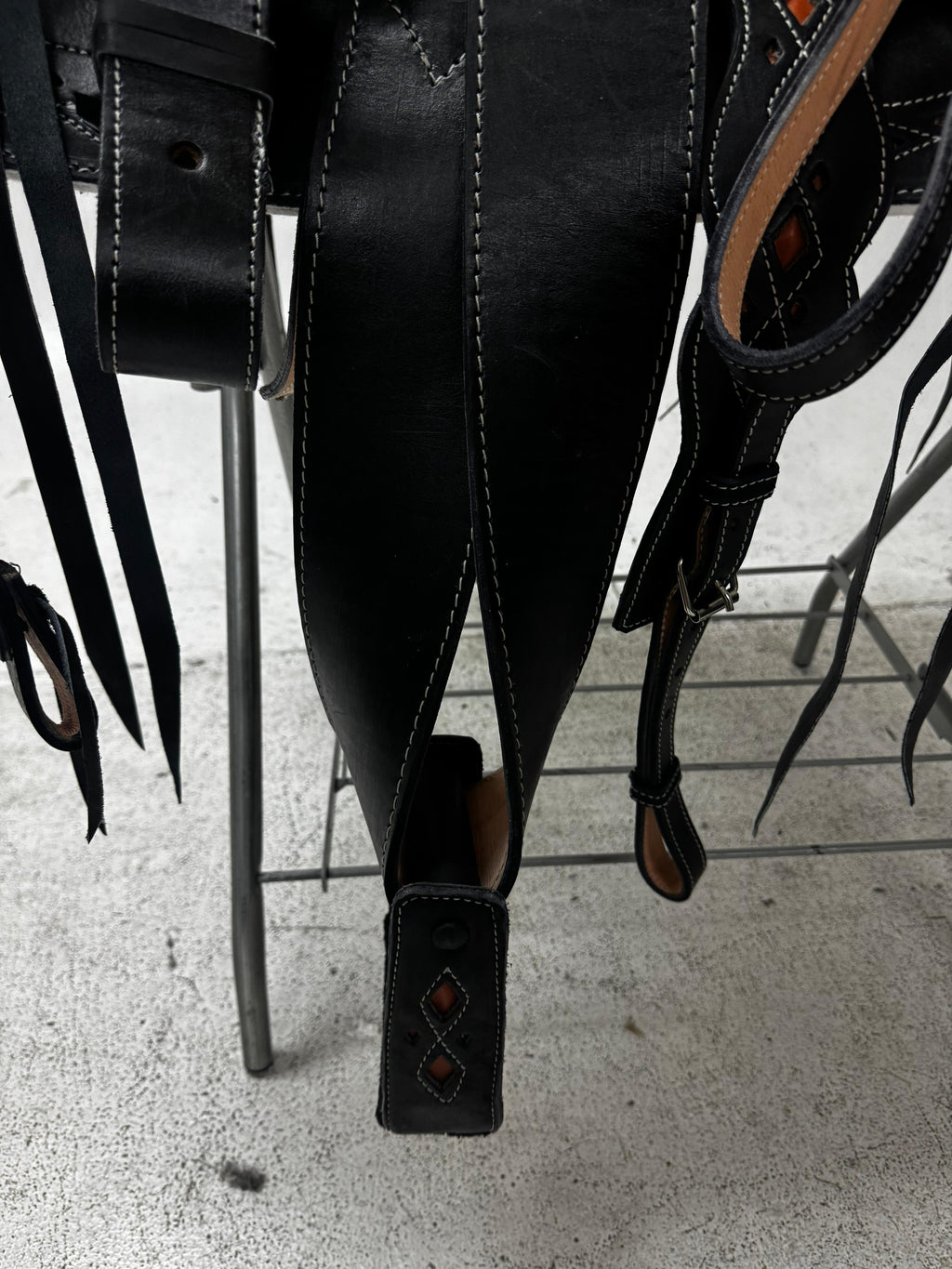 Charro Saddle – Black Leather with Burnt Orange Diamond Accents (15.5”) “El Guerrero”