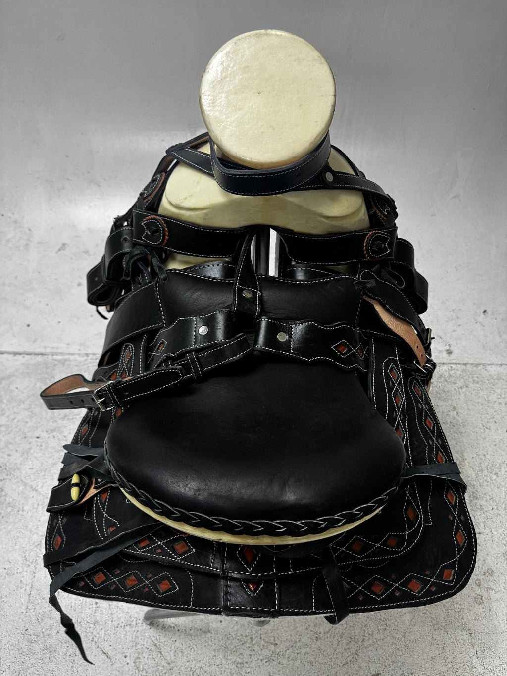 Charro Saddle – Black Leather with Burnt Orange Diamond Accents (15.5”) “El Guerrero”