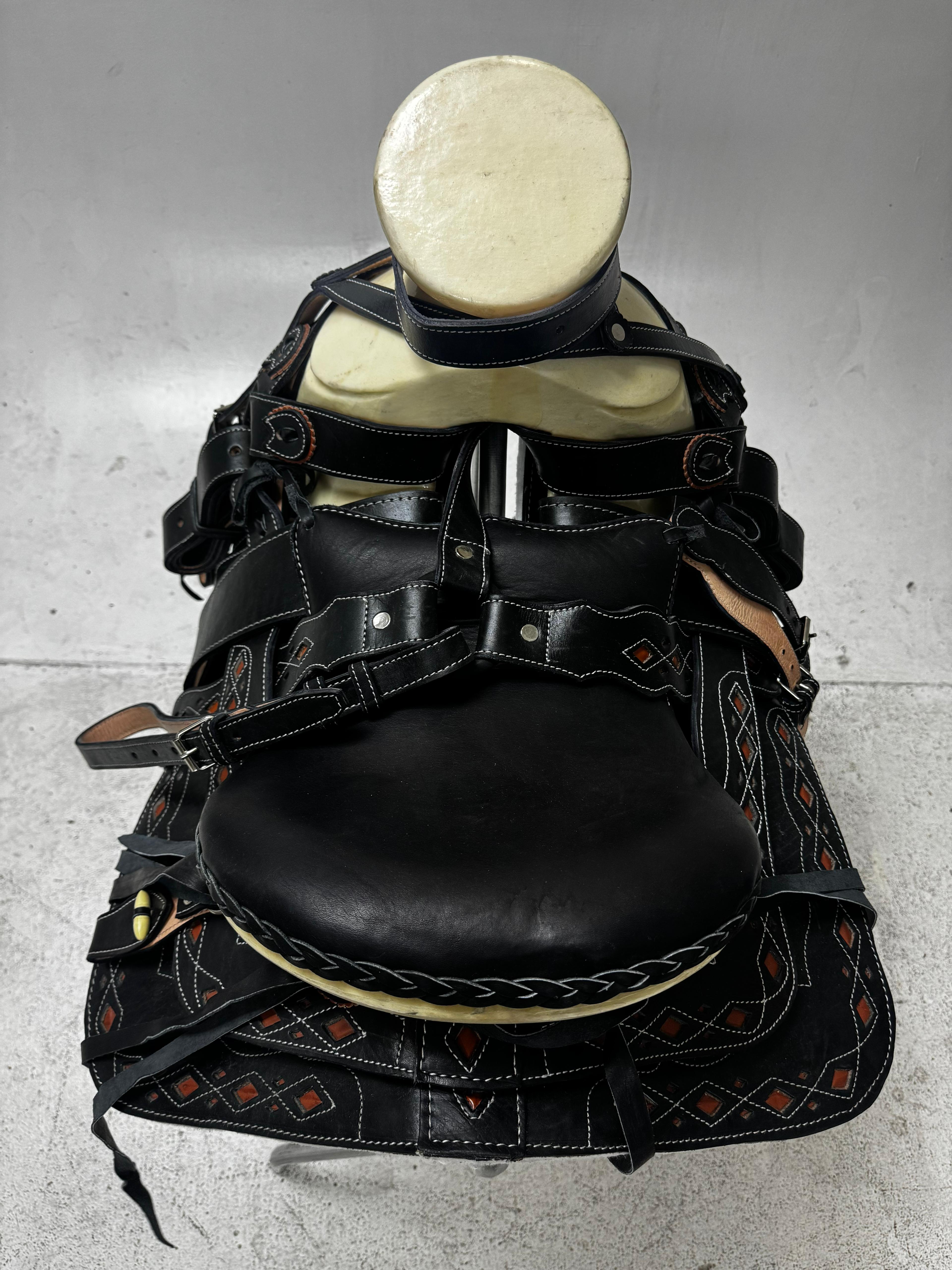 Charro Saddle – Black Leather with Burnt Orange Diamond Accents (15.5”) “El Guerrero”