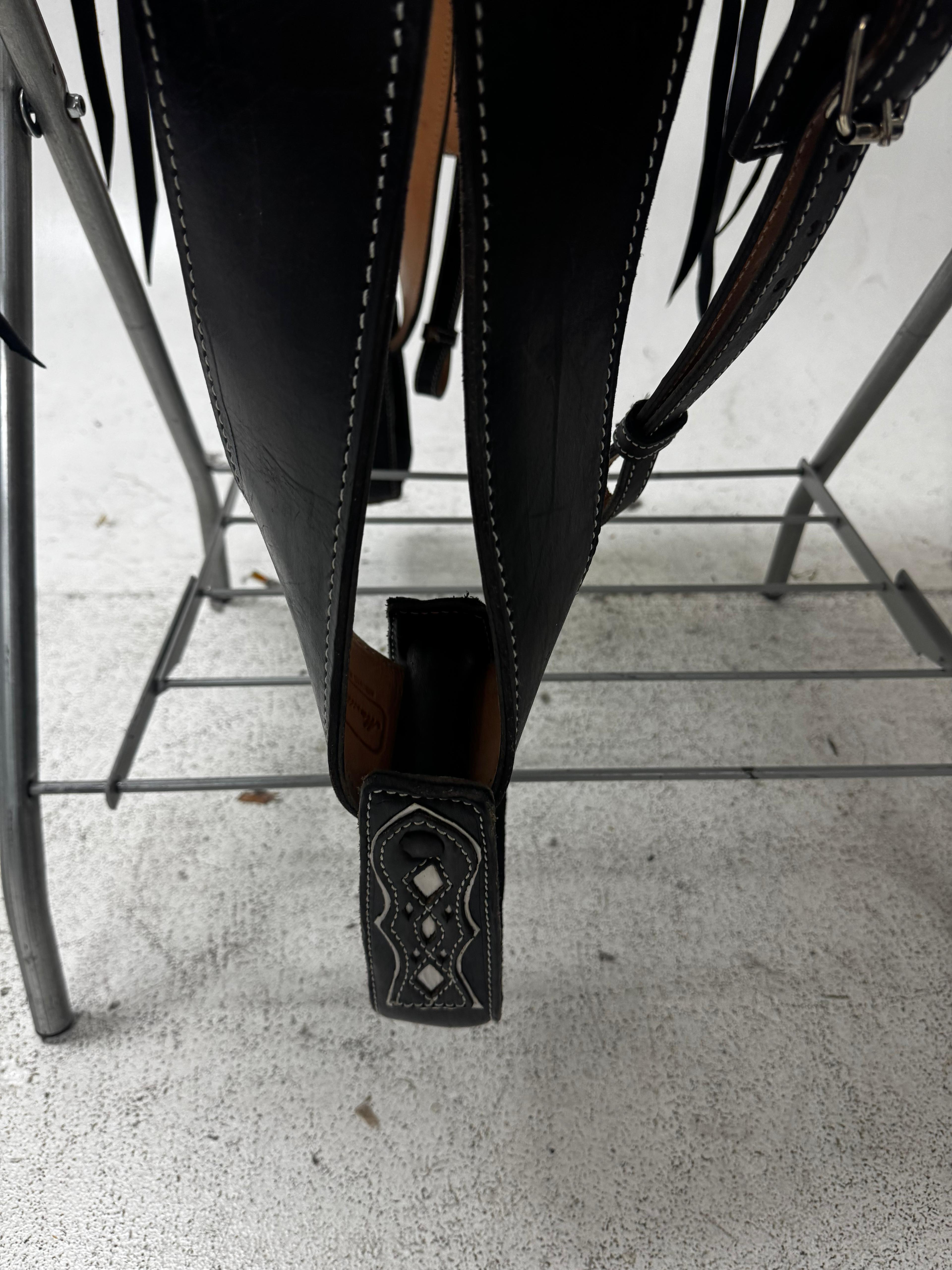 Charro Saddle – Black Leather with White Cutouts & Suede Seat (15.5”) “El Elegante”