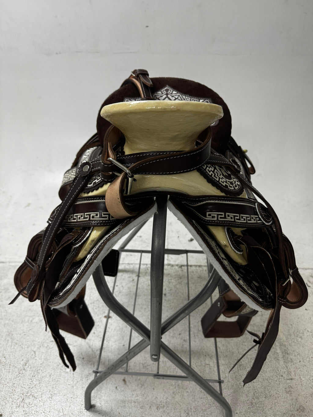 Charro Saddle – Dark Chocolate Leather with Greca Embroidery (15.5”) “El Azteca”