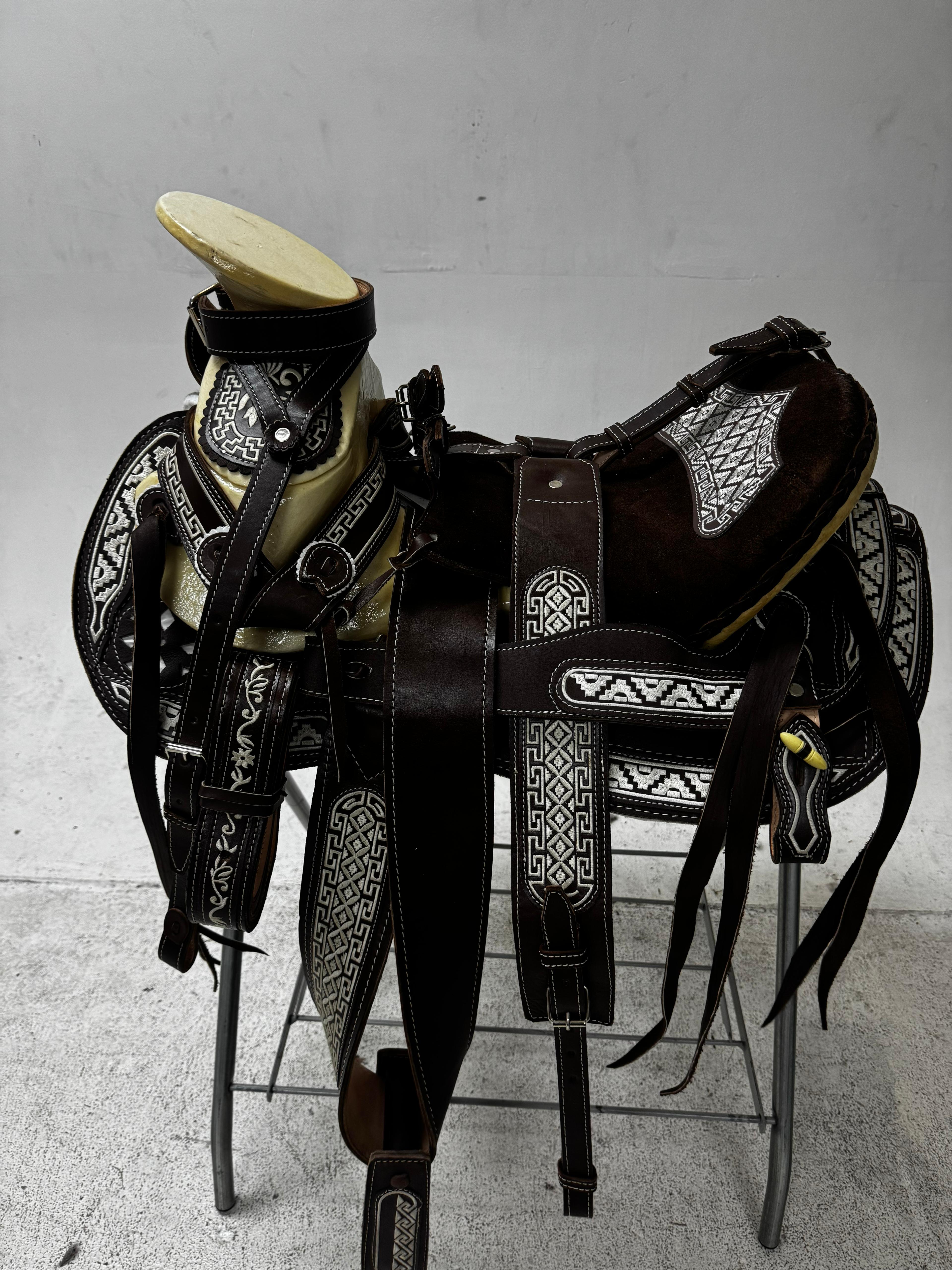 Charro Saddle – Dark Chocolate Leather with Greca Embroidery (15.5”) “El Azteca”