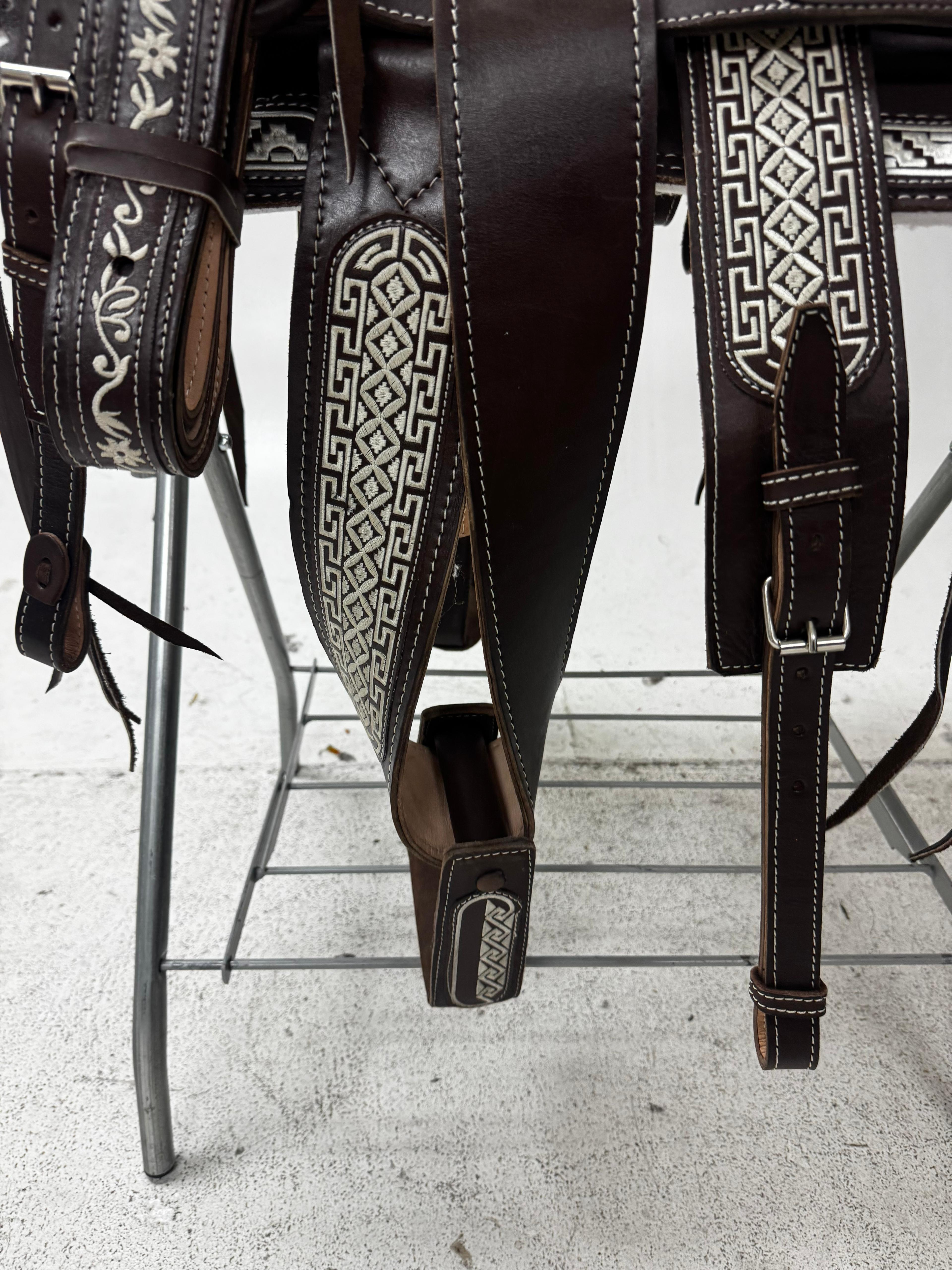 Charro Saddle – Dark Chocolate Leather with Greca Embroidery (15.5”) “El Azteca”