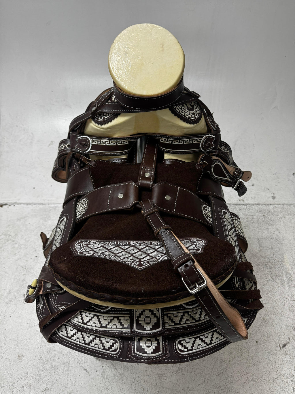 Charro Saddle – Dark Chocolate Leather with Greca Embroidery (15.5”) “El Azteca”