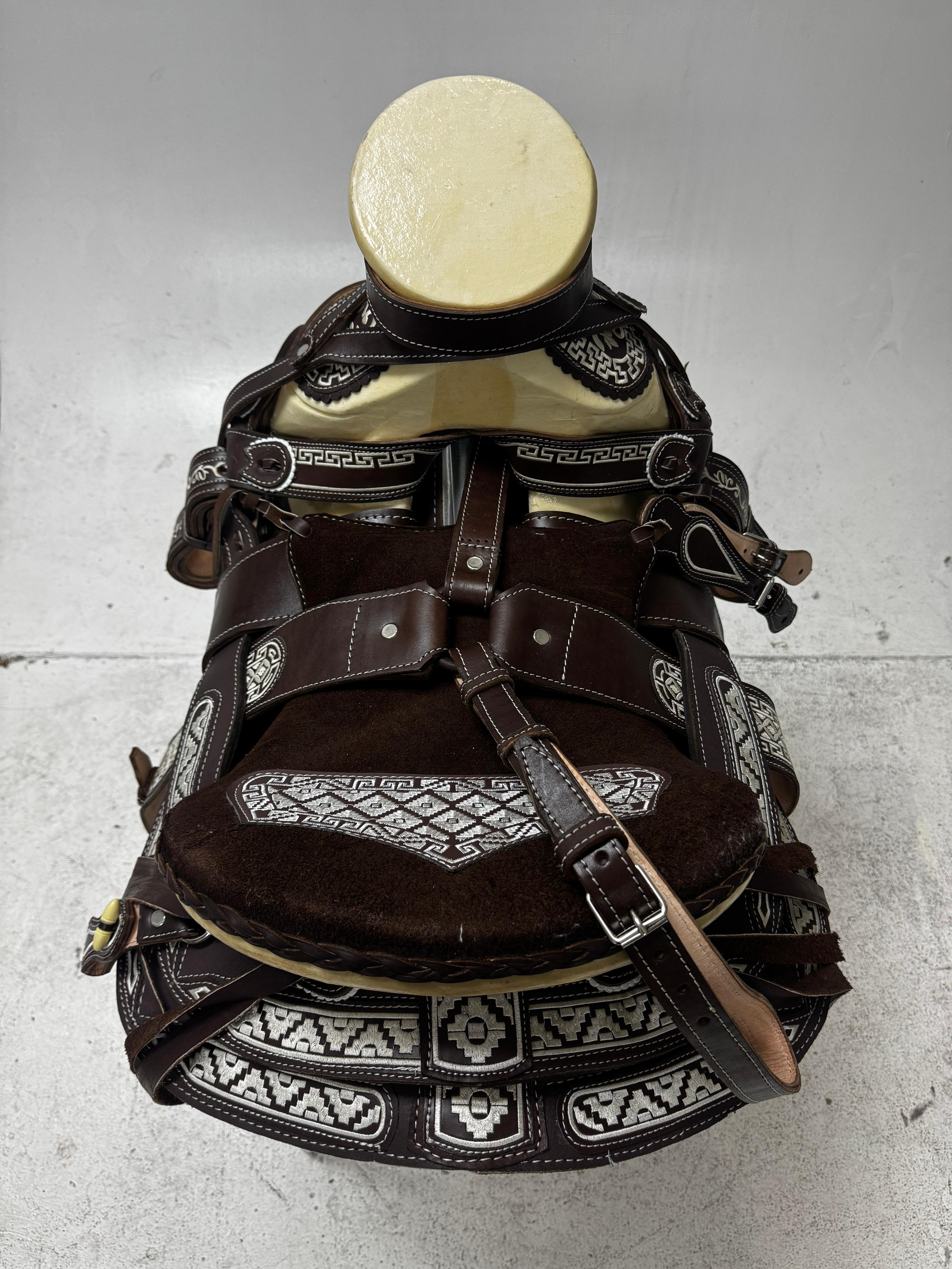 Charro Saddle – Dark Chocolate Leather with Greca Embroidery (15.5”) “El Azteca”