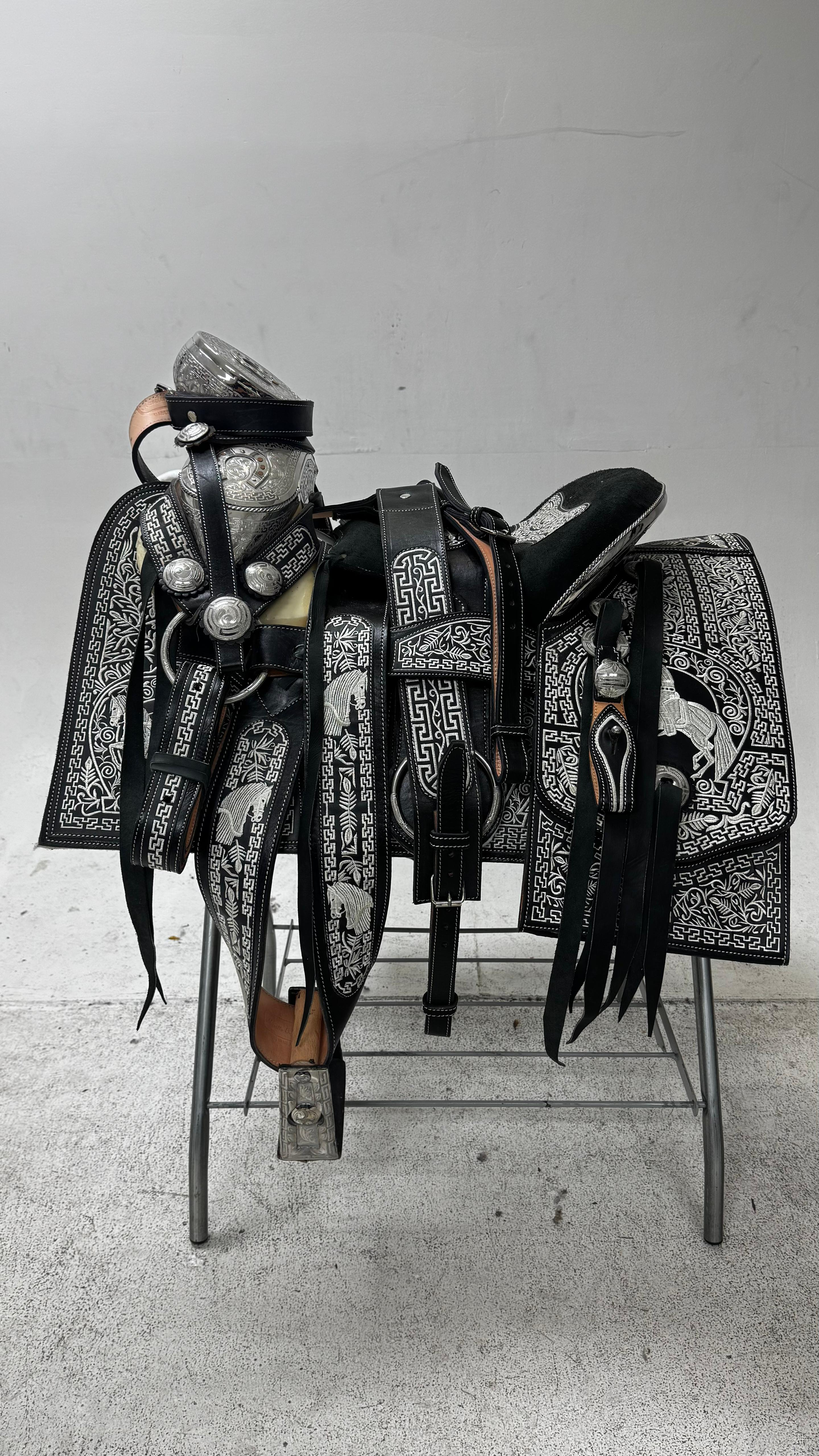 Charro Saddle – Black with Silver Embroidery & Engraved Plated Accents (15.5”)