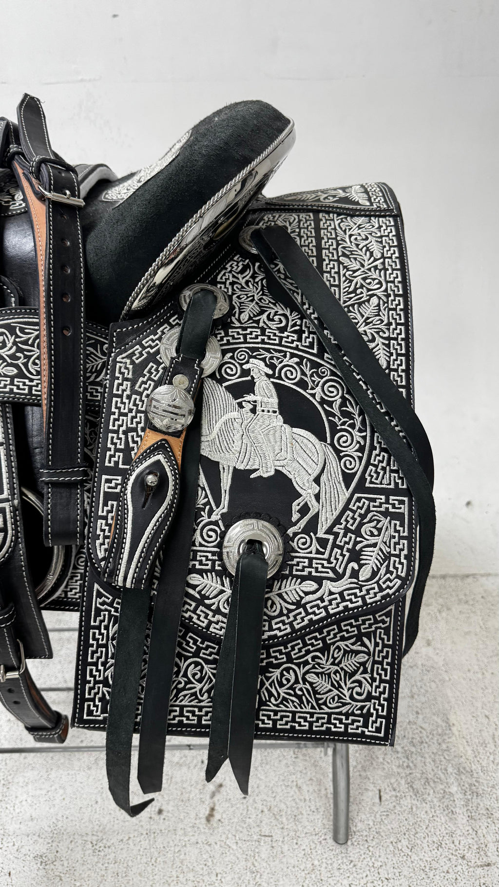 Charro Saddle – Black with Silver Embroidery & Engraved Plated Accents (15.5”)
