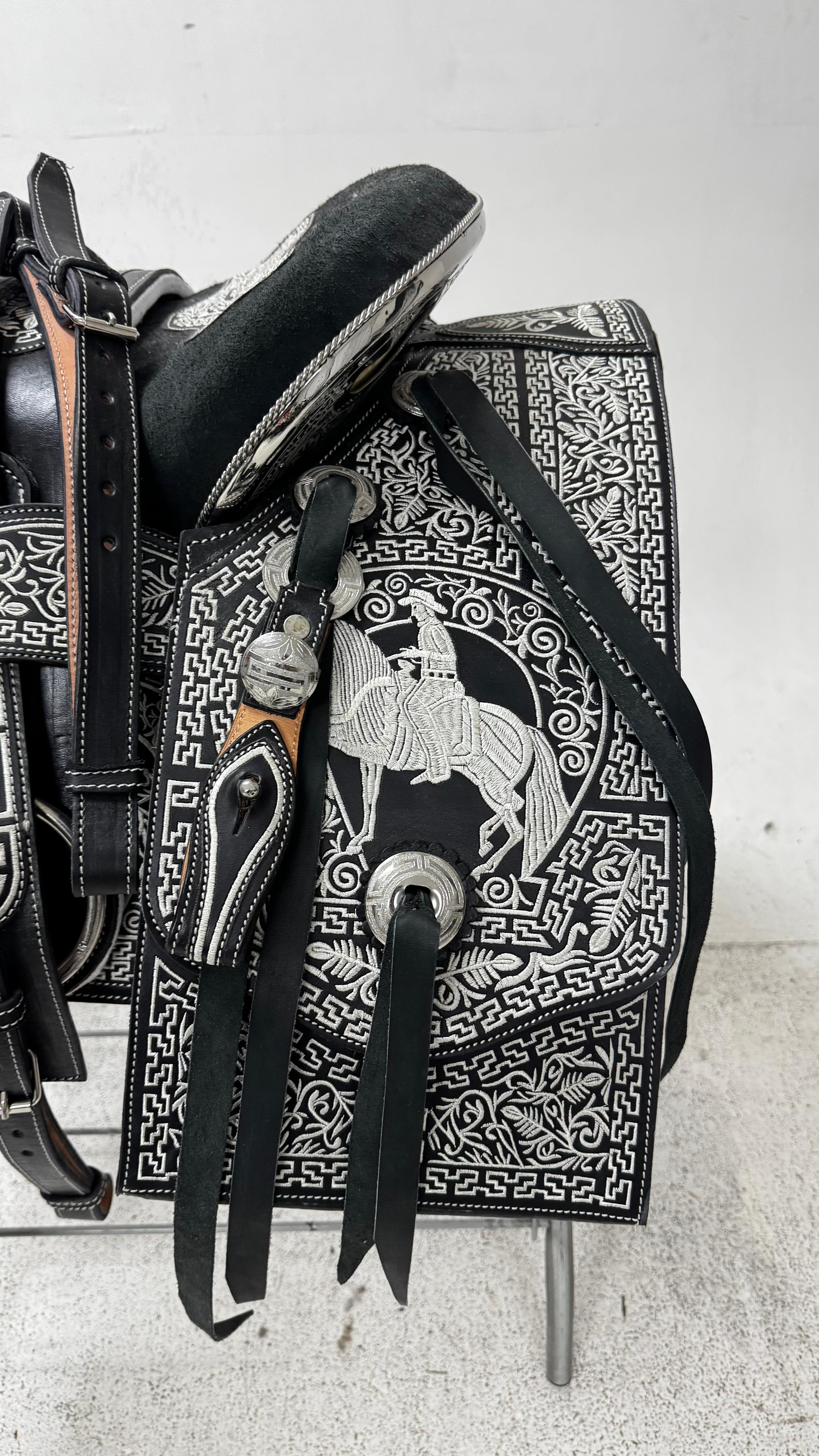 Charro Saddle – Black with Silver Embroidery & Engraved Plated Accents (15.5”)
