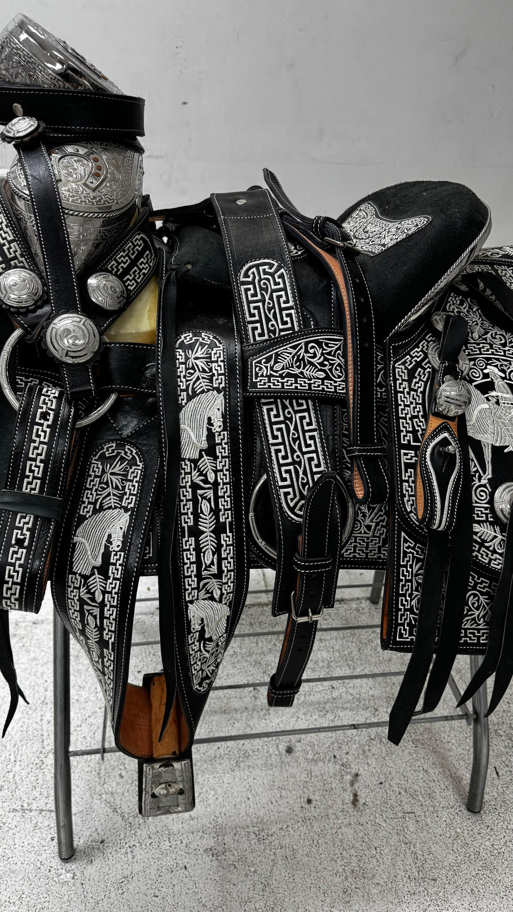 Charro Saddle – Black with Silver Embroidery & Engraved Plated Accents (15.5”)
