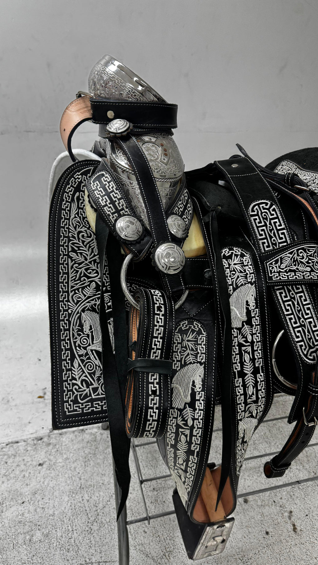 Charro Saddle – Black with Silver Embroidery & Engraved Plated Accents (15.5”)