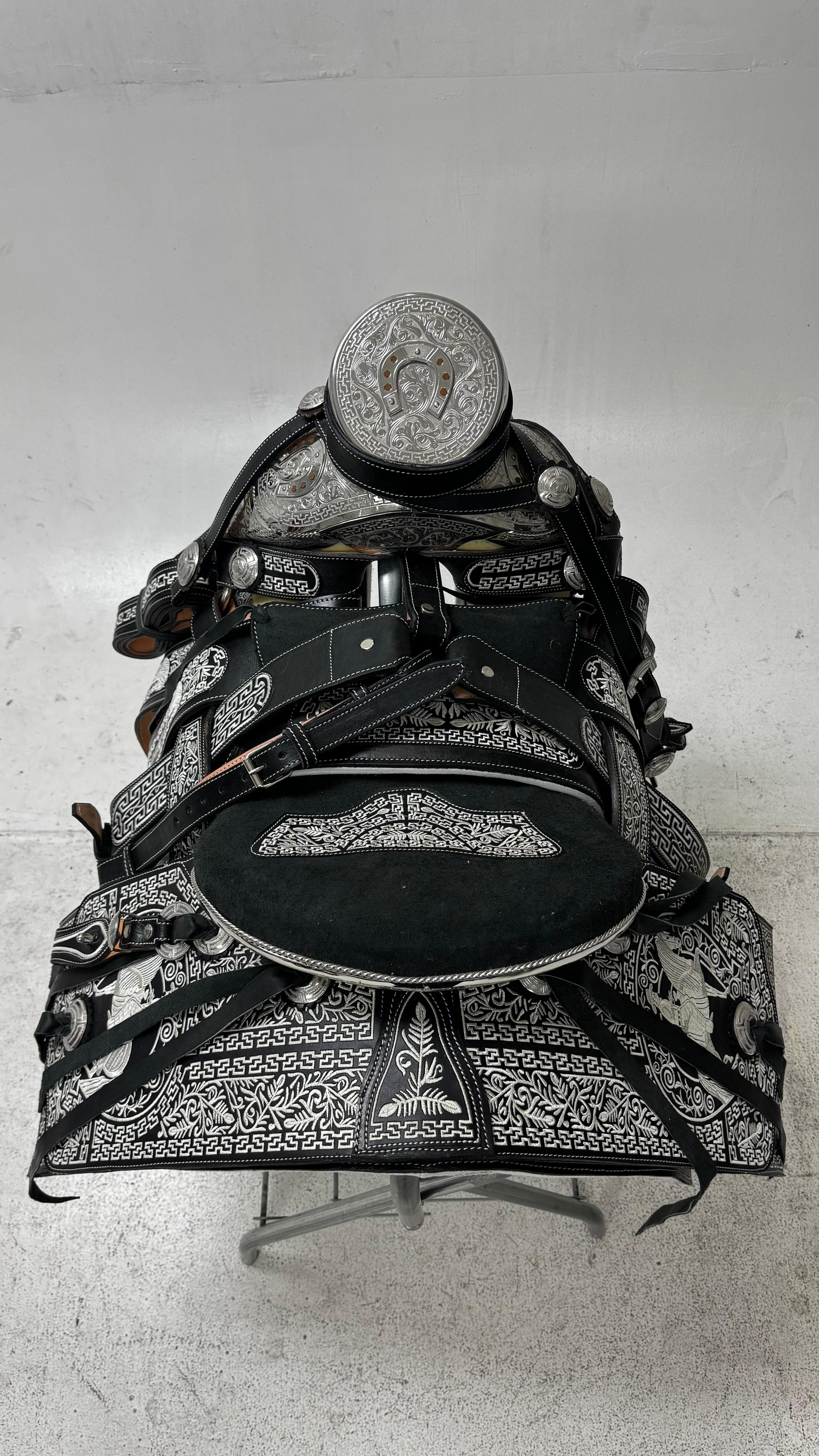 Charro Saddle – Black with Silver Embroidery & Engraved Plated Accents (15.5”)
