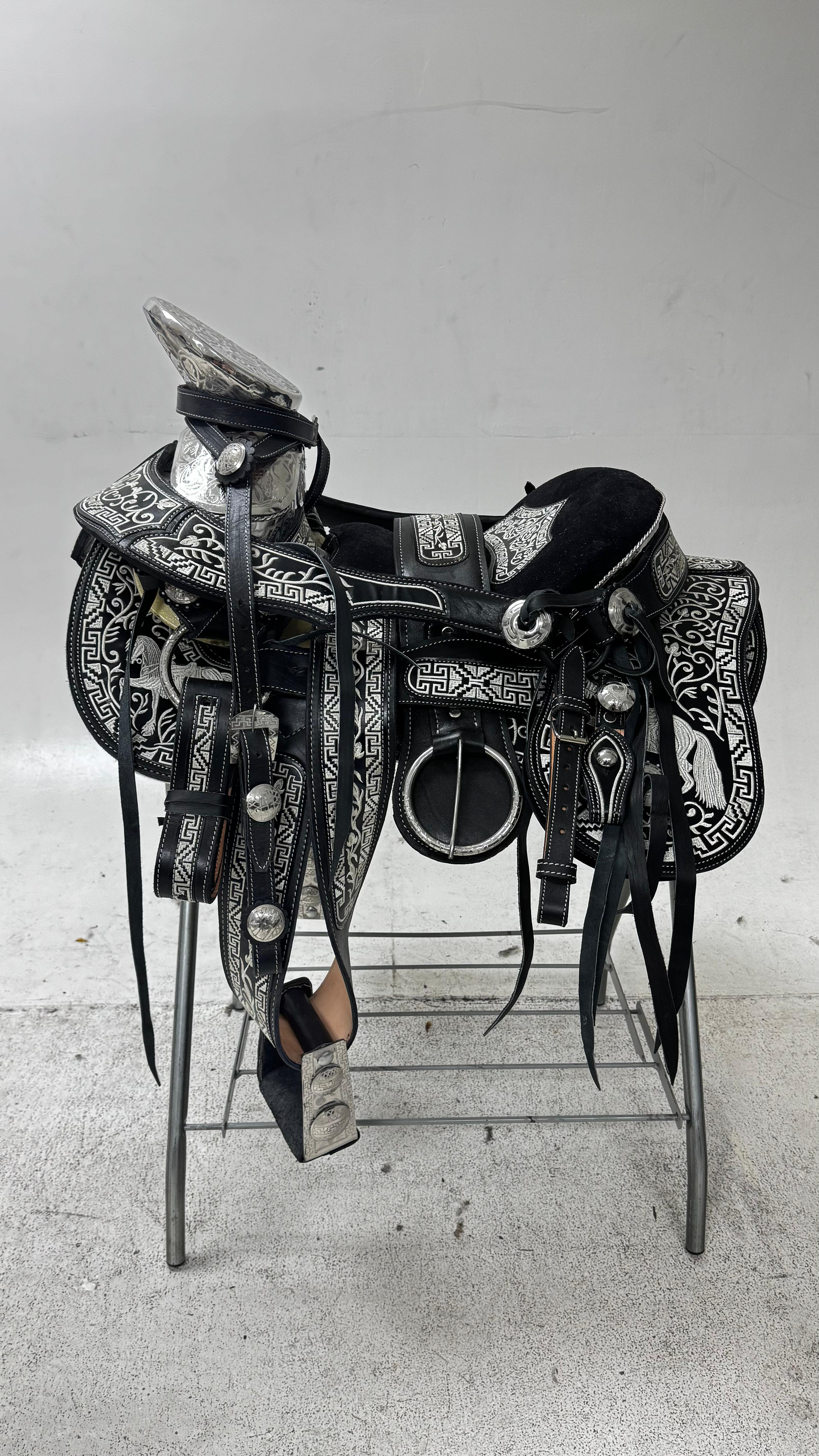 Charro Saddle – Black with Silver Embroidery & Floral Design (15.5”)