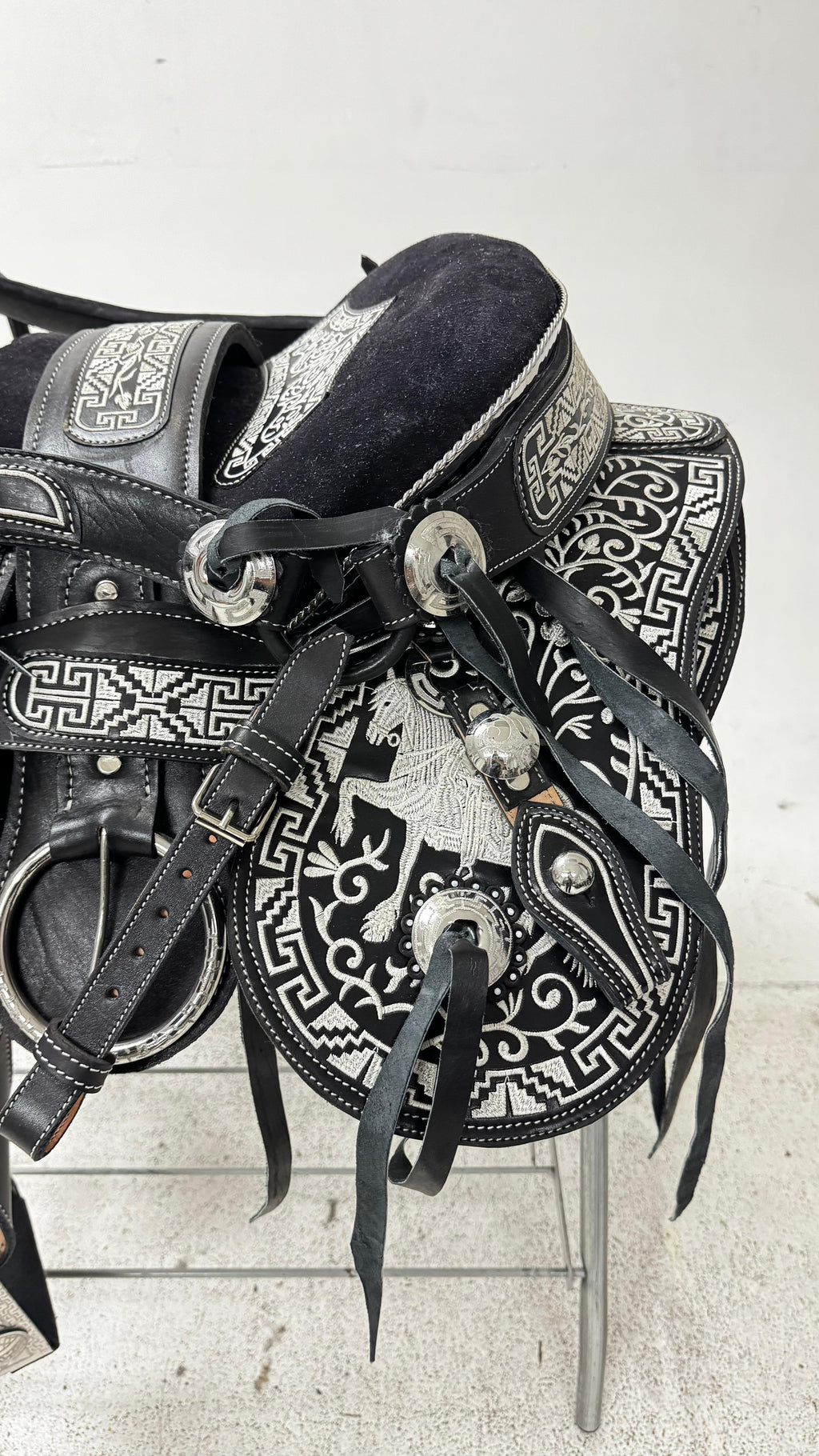 Charro Saddle – Black with Silver Embroidery & Floral Design (15.5”)