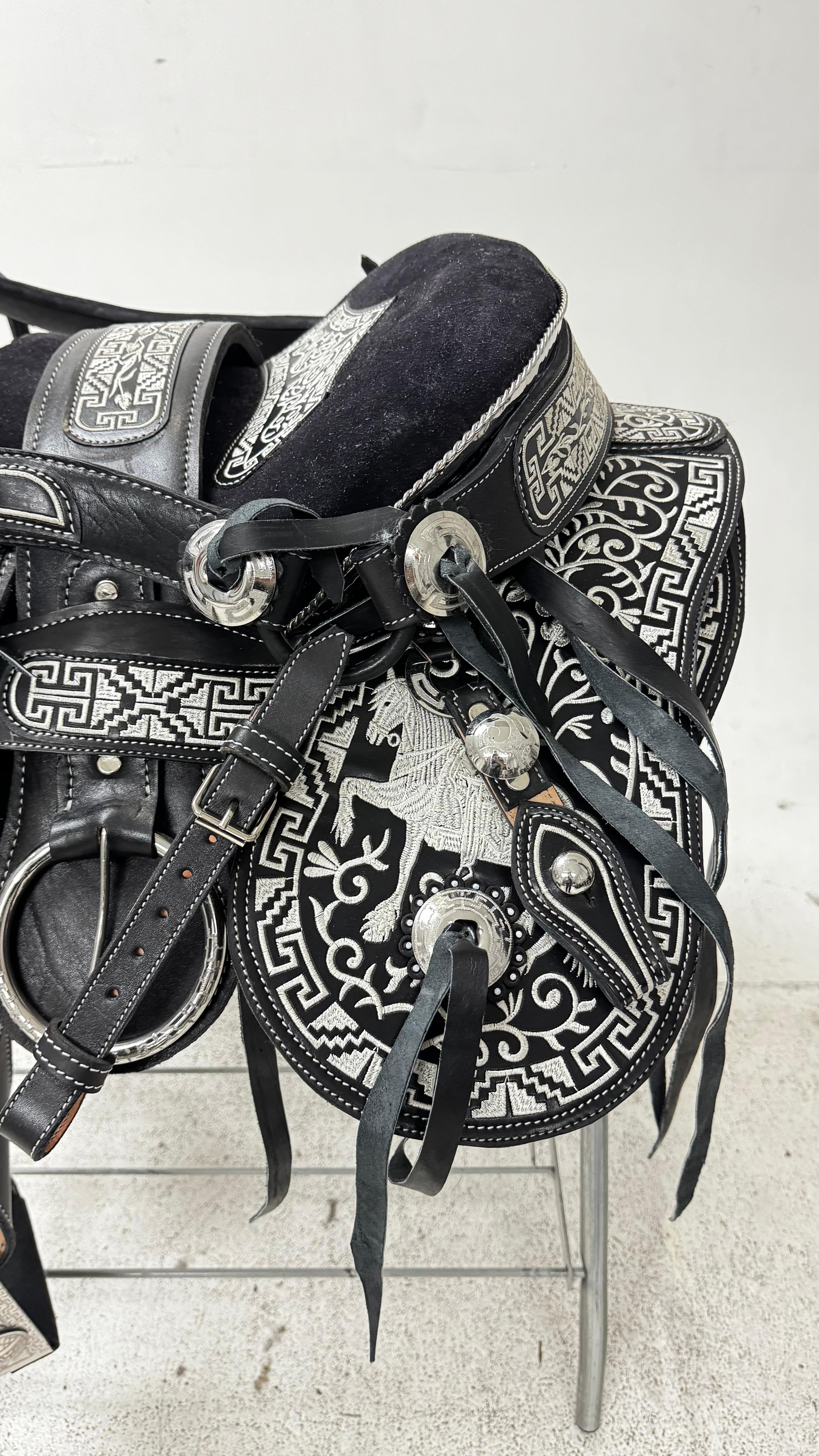 Charro Saddle – Black with Silver Embroidery & Floral Design (15.5”)