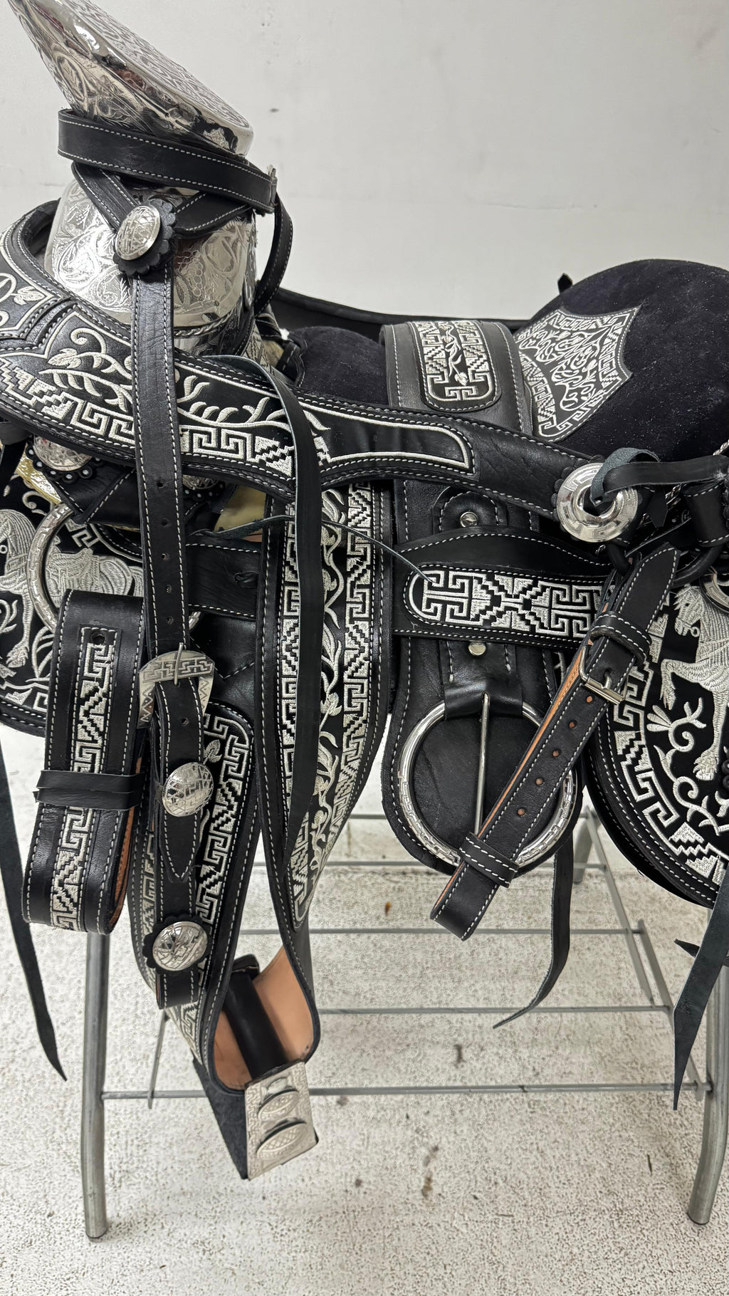 Charro Saddle – Black with Silver Embroidery & Floral Design (15.5”)