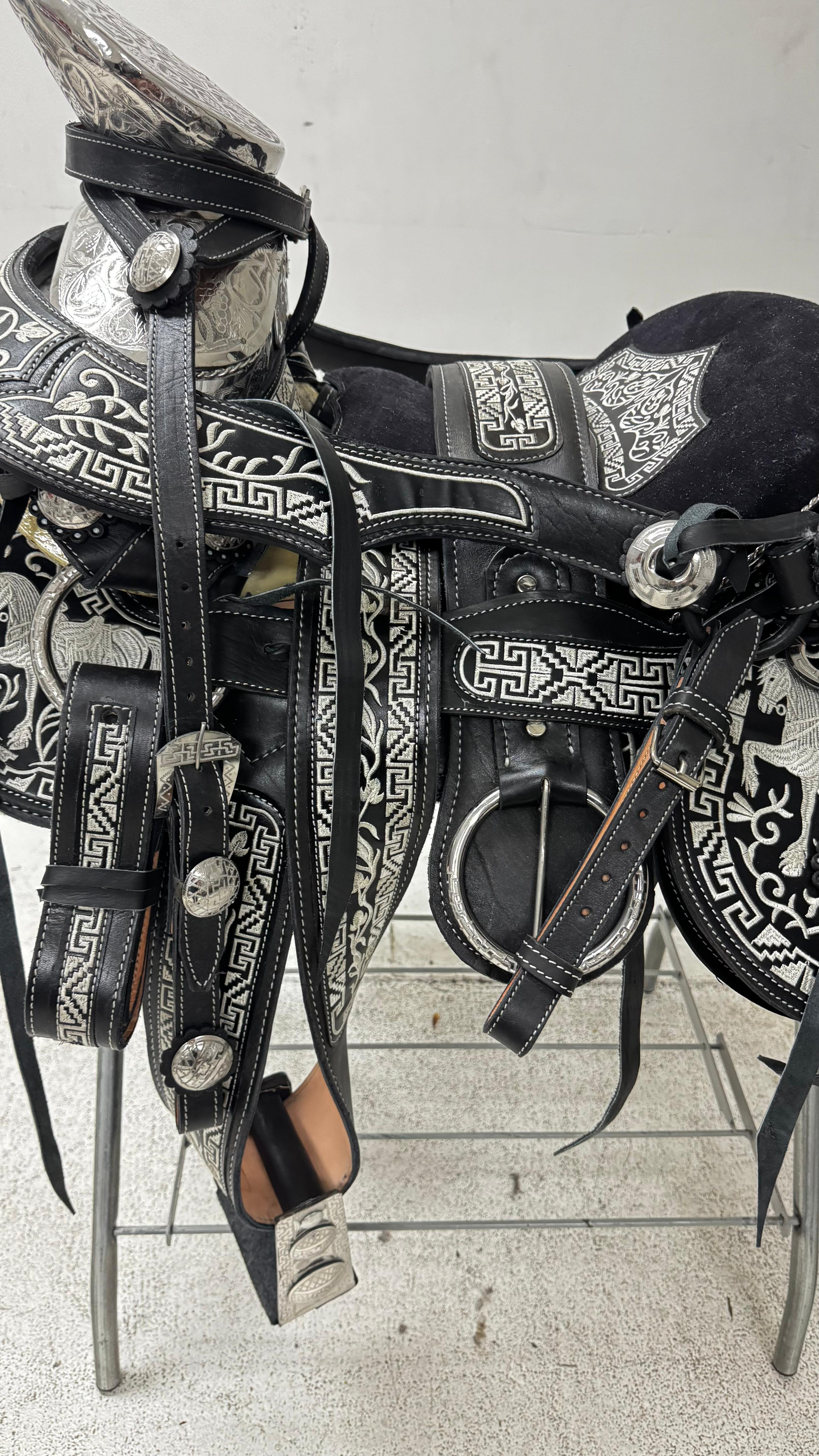 Charro Saddle – Black with Silver Embroidery & Floral Design (15.5”)