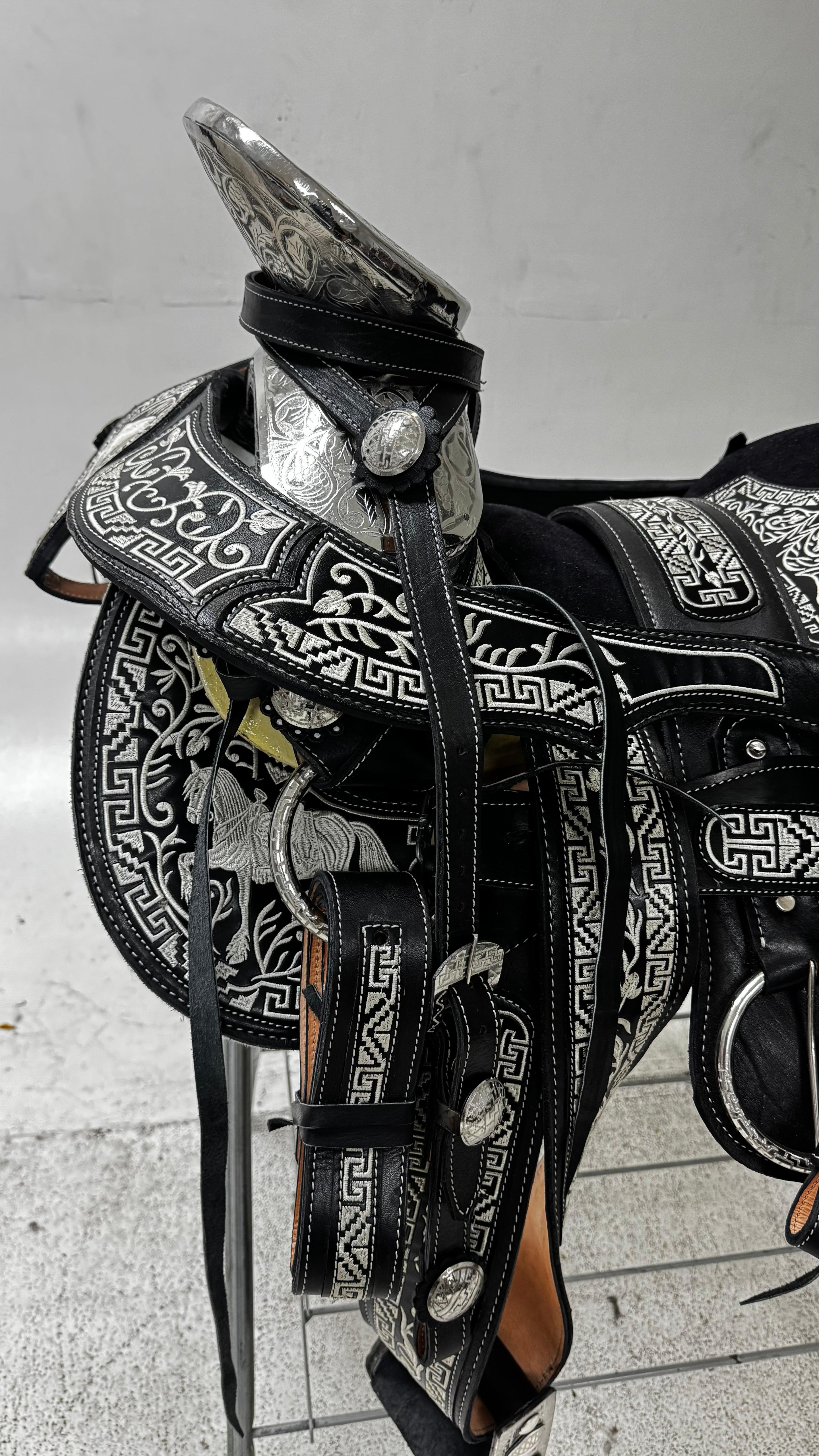 Charro Saddle – Black with Silver Embroidery & Floral Design (15.5”)
