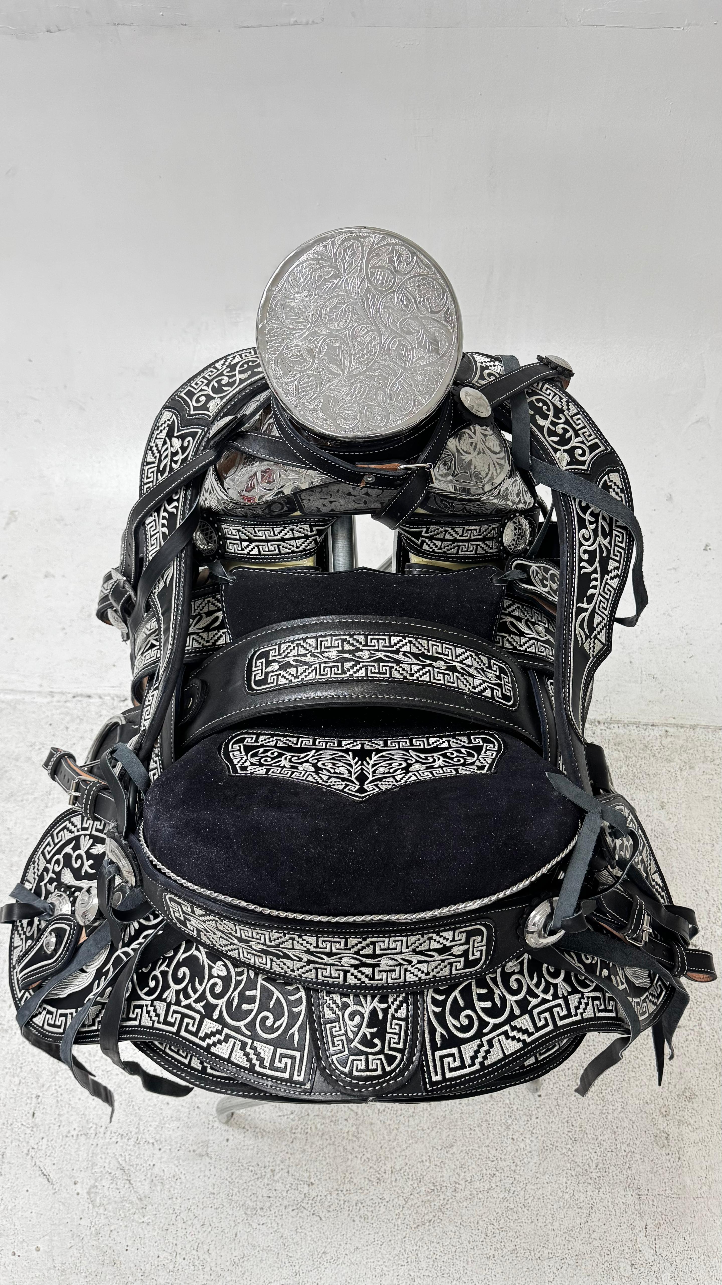 Charro Saddle – Black with Silver Embroidery & Floral Design (15.5”)