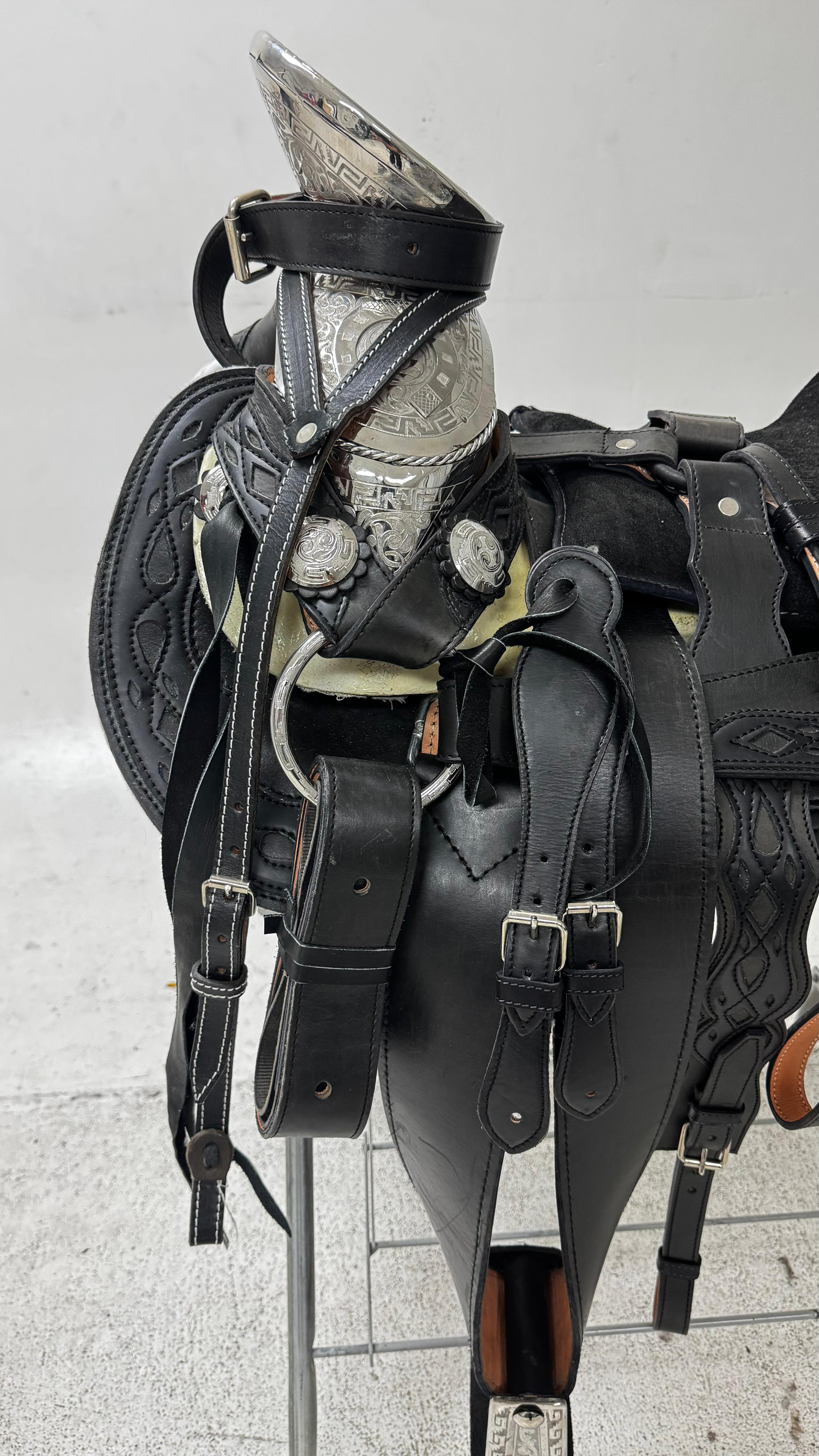 Charro Saddle – All Black/Leather/Silver Engraved Accents (15.5”)