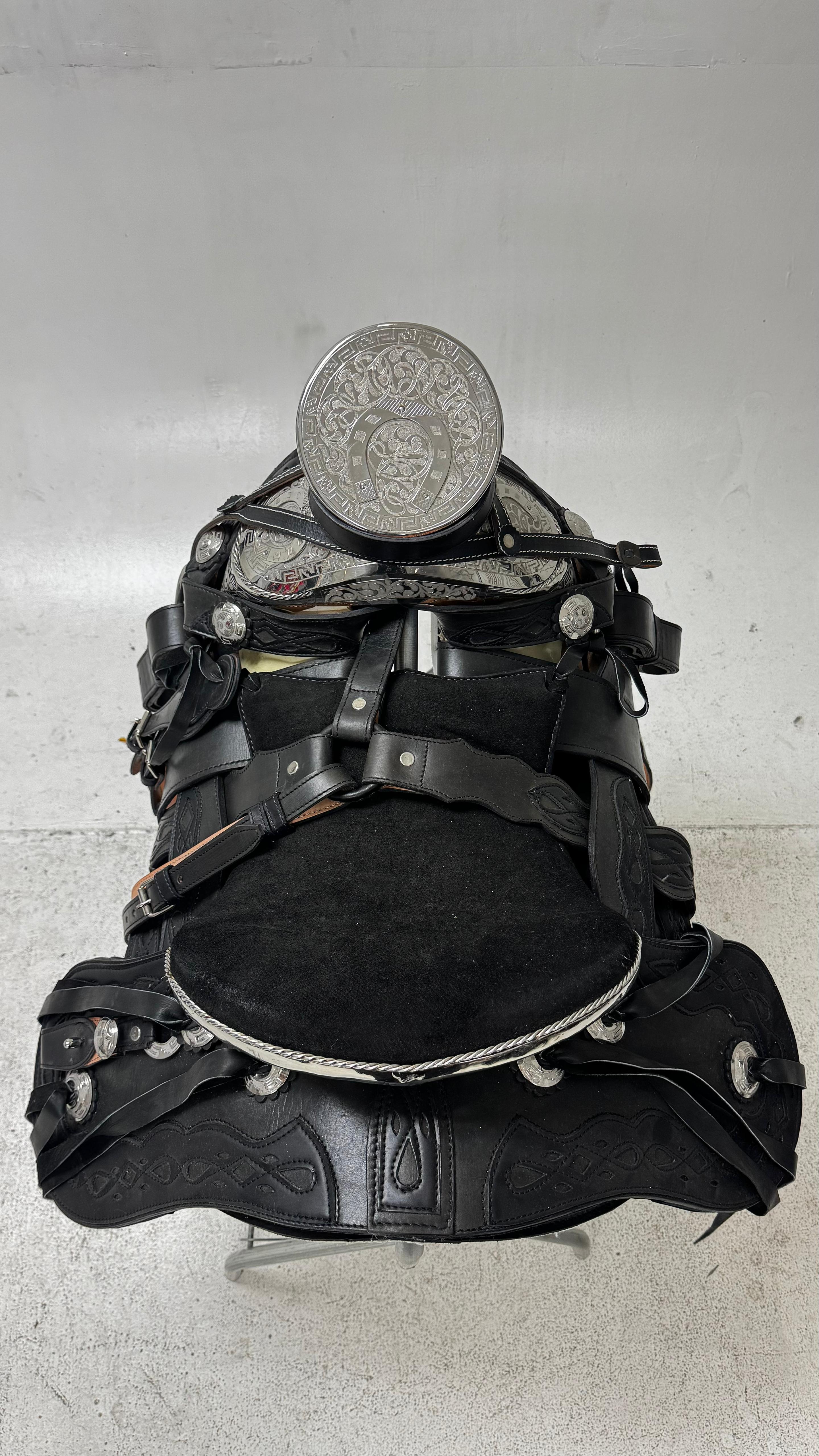Charro Saddle – All Black/Leather/Silver Engraved Accents (15.5”)