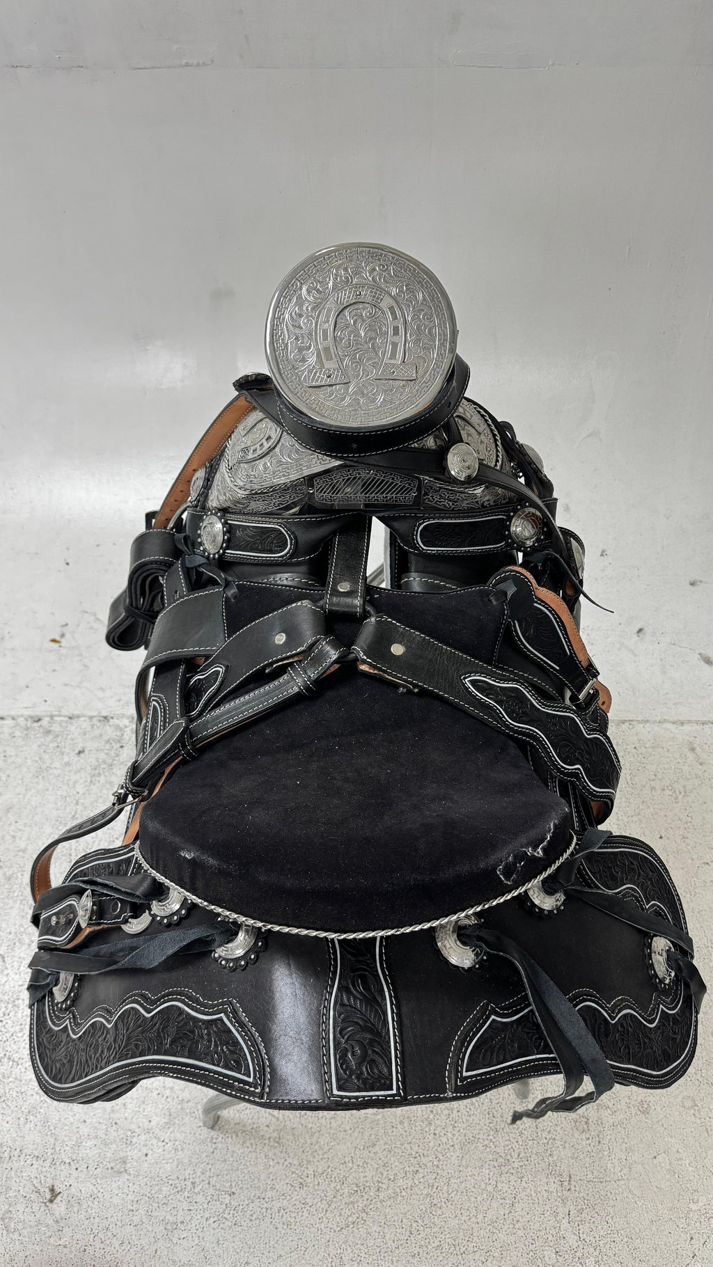 Charro Saddle – Black Leather with Suede Seat & Silver Engraved Details (15.5”)