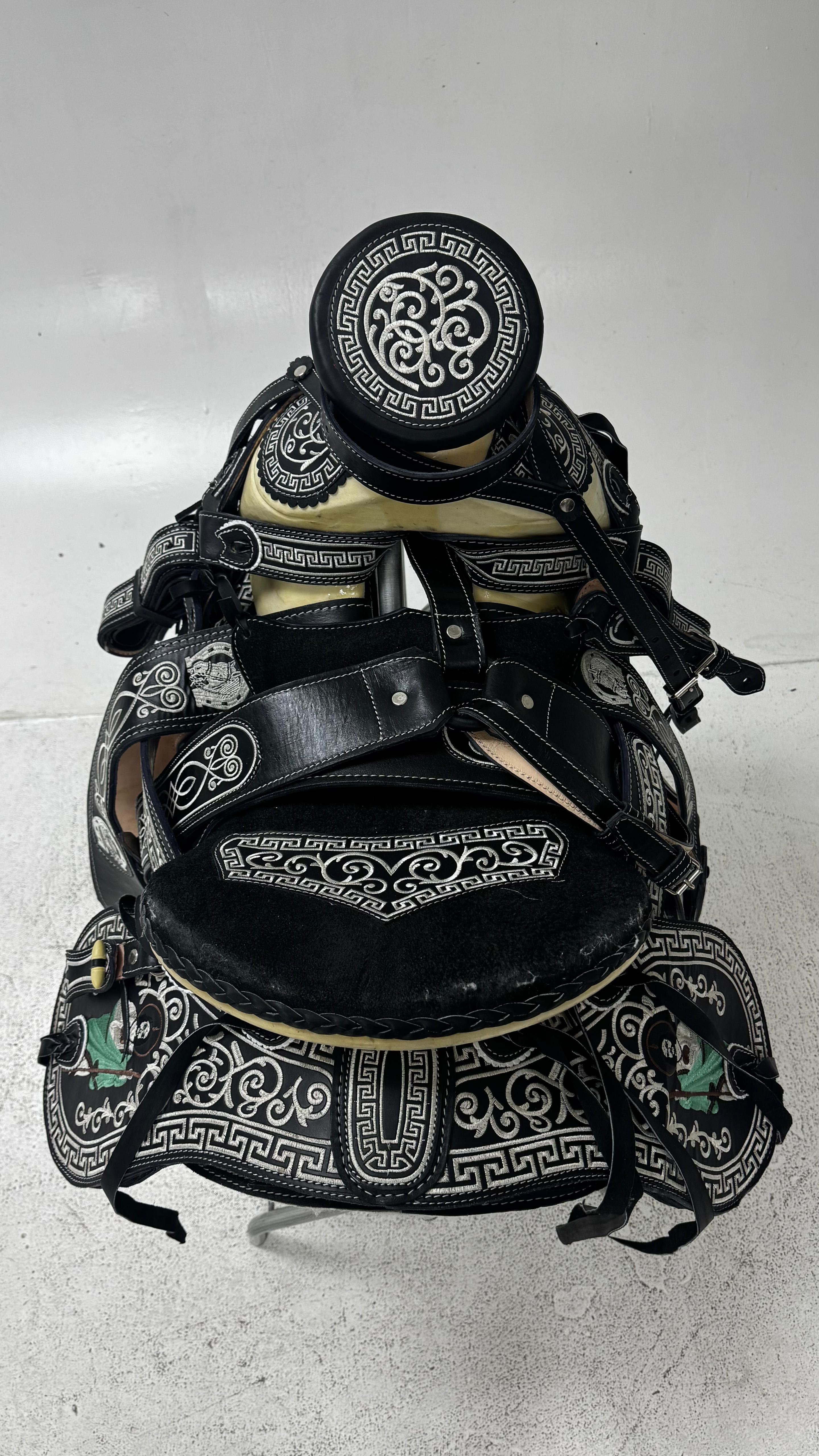 Charro Saddle – Black Leather with Silver Detailing & San Judas Design (15.5”) “El Guerrero”