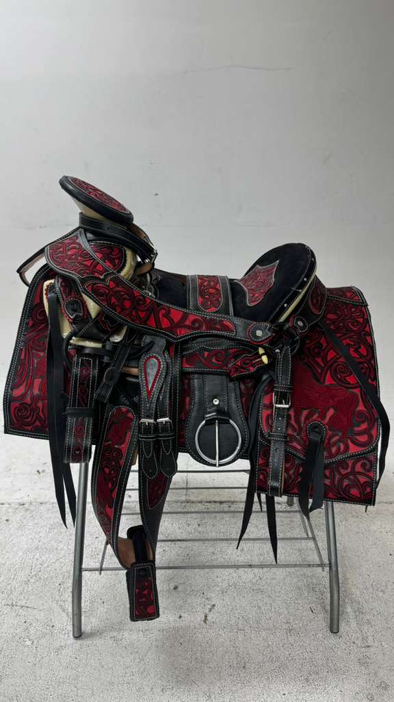 Charro Saddle – Black Leather w/ Red Suede Floral Embroidery Design (15.5”)