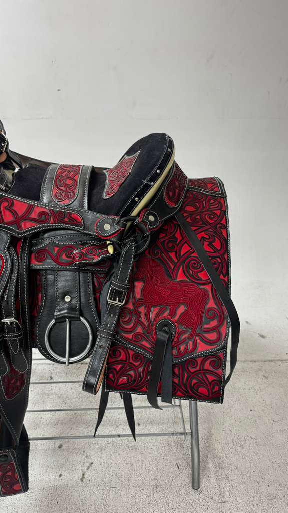 Charro Saddle – Black Leather w/ Red Suede Floral Embroidery Design (15.5”)