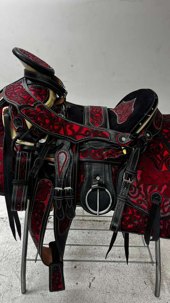Charro Saddle – Black Leather w/ Red Suede Floral Embroidery Design (15.5”)