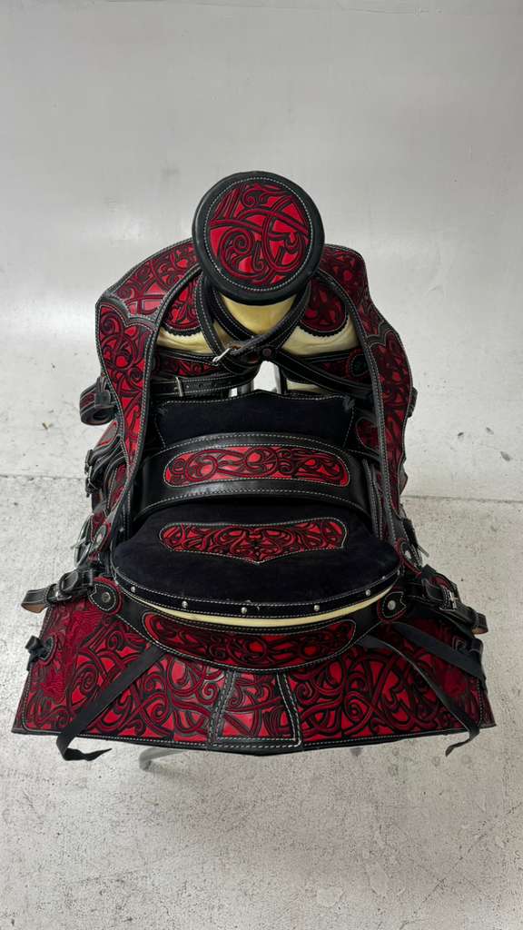 Charro Saddle – Black Leather w/ Red Suede Floral Embroidery Design (15.5”)