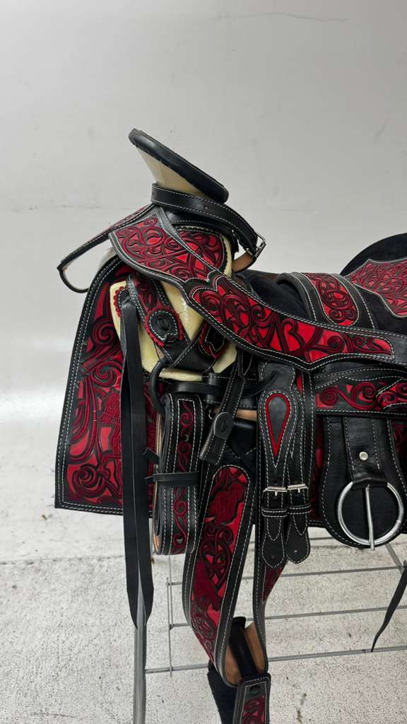 Charro Saddle – Black Leather w/ Red Suede Floral Embroidery Design (15.5”)